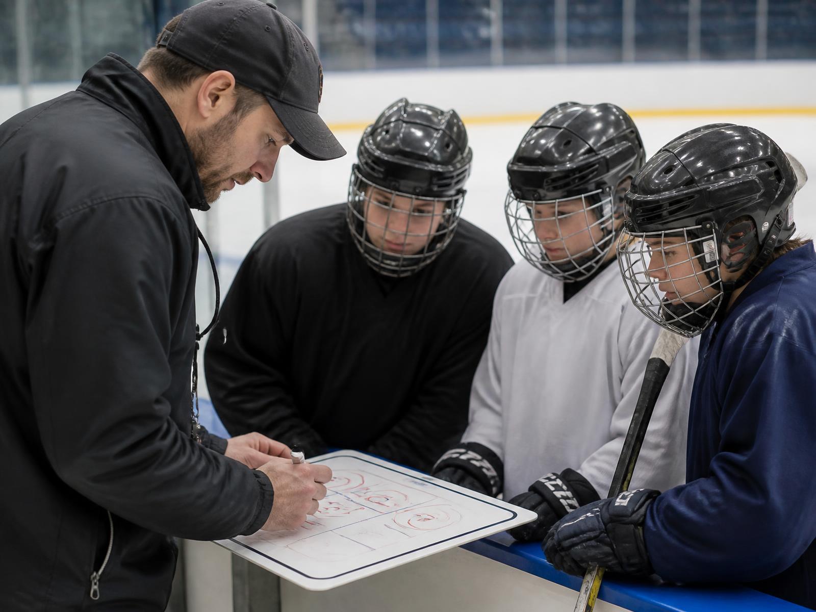 A coach diagramming a play on a whiteboard while players listen at the bench