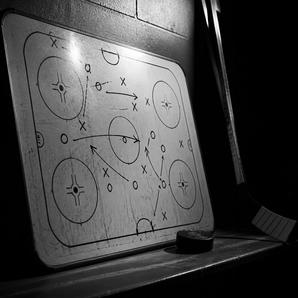 Coach's whiteboard with a hockey play diagrammed in X's and O's