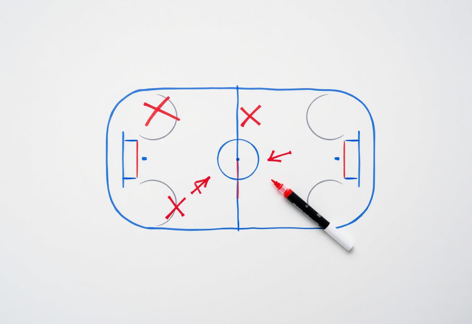 A hand-drawn hockey rink whiteboard with red X's, arrows, and a marker pen showing a breakout play
